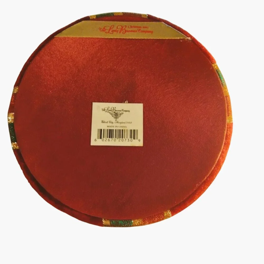Lindy Bowman Co Red Velvet Gift Box Green Gold Ribbon Bow Lid Christmas Holiday
